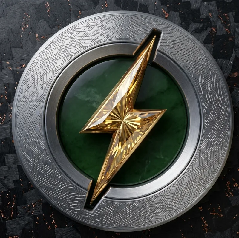 OHM BAS emblem: gold lightning bolt in a steel ring